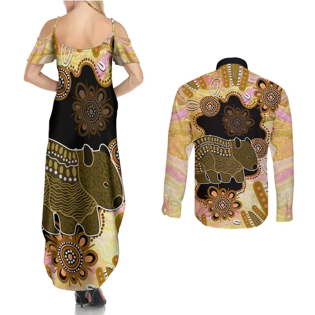 Australia Opal Wombat Couples Matching Summer Maxi Dress and Long Sleeve Button Shirt Aussie Aboriginal Art