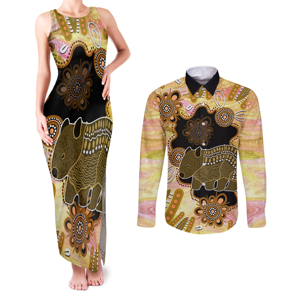 Australia Opal Wombat Couples Matching Tank Maxi Dress and Long Sleeve Button Shirt Aussie Aboriginal Art