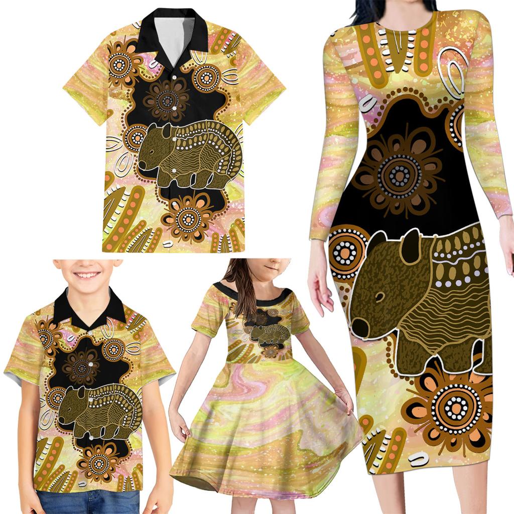 Australia Opal Wombat Family Matching Long Sleeve Bodycon Dress and Hawaiian Shirt Aussie Aboriginal Art