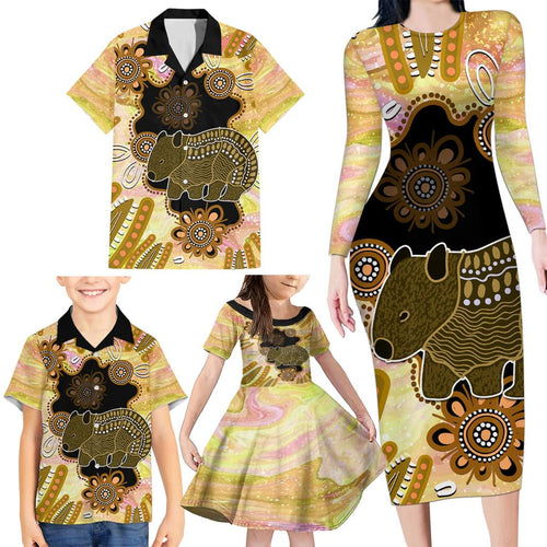 Australia Opal Wombat Family Matching Long Sleeve Bodycon Dress and Hawaiian Shirt Aussie Aboriginal Art