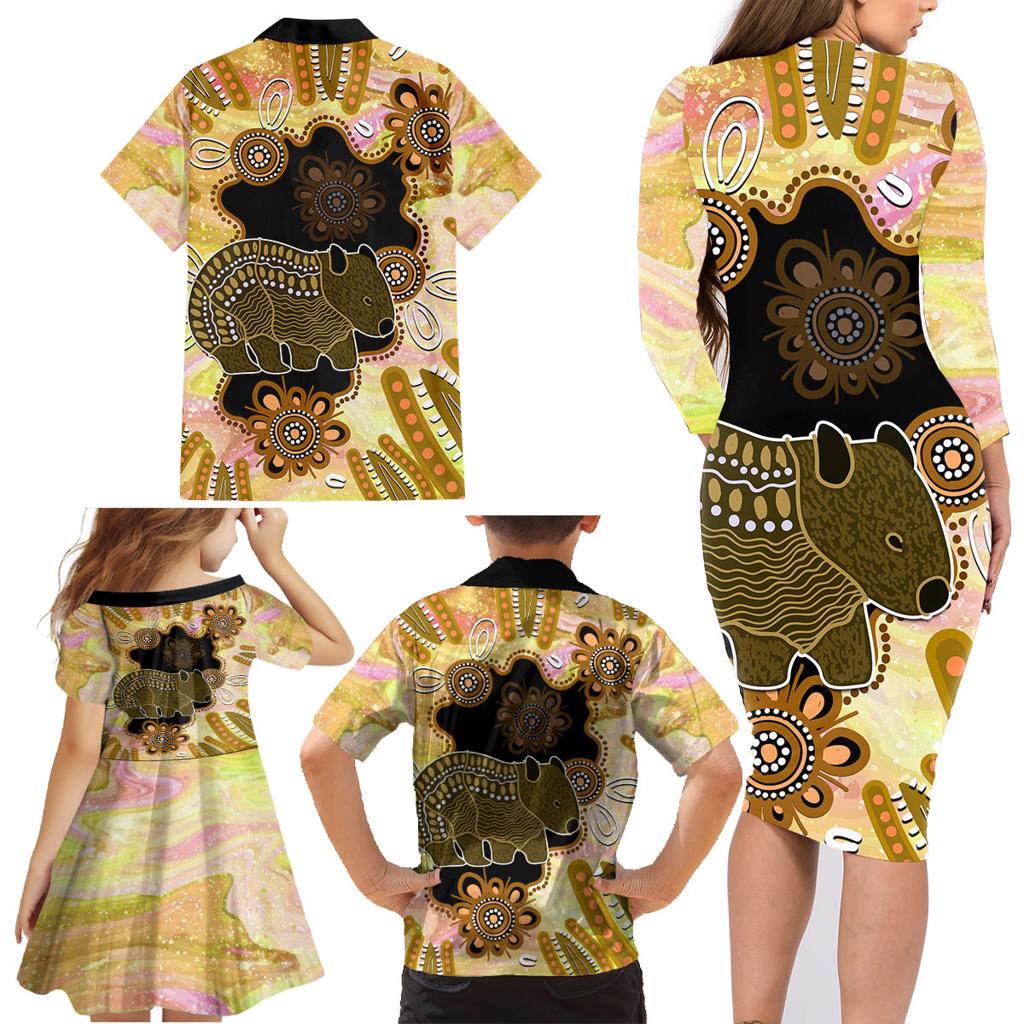 Australia Opal Wombat Family Matching Long Sleeve Bodycon Dress and Hawaiian Shirt Aussie Aboriginal Art