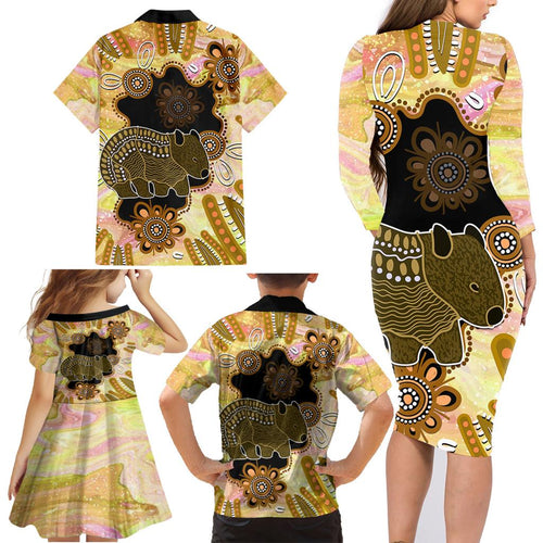 Australia Opal Wombat Family Matching Long Sleeve Bodycon Dress and Hawaiian Shirt Aussie Aboriginal Art