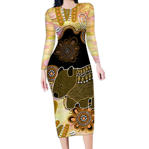Australia Opal Wombat Family Matching Long Sleeve Bodycon Dress and Hawaiian Shirt Aussie Aboriginal Art