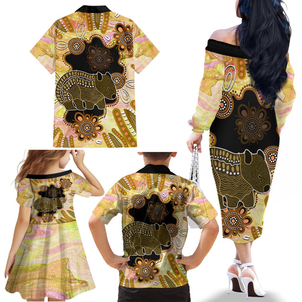 Australia Opal Wombat Family Matching Off Shoulder Long Sleeve Dress and Hawaiian Shirt Aussie Aboriginal Art
