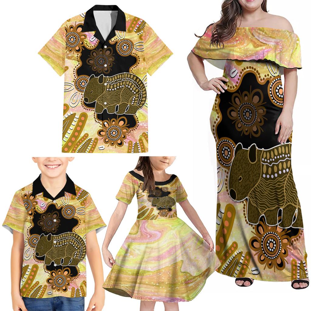 Australia Opal Wombat Family Matching Off Shoulder Maxi Dress and Hawaiian Shirt Aussie Aboriginal Art