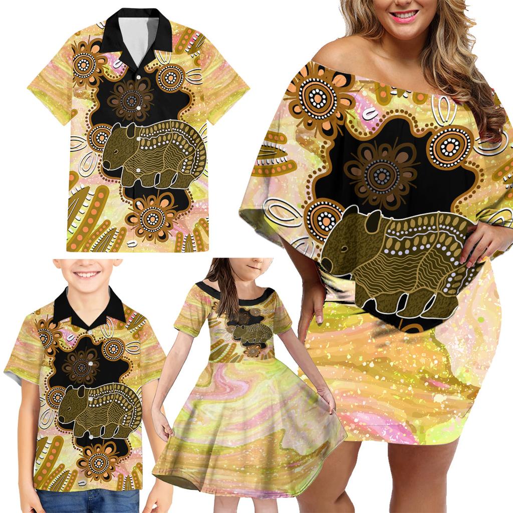 Australia Opal Wombat Family Matching Off Shoulder Short Dress and Hawaiian Shirt Aussie Aboriginal Art