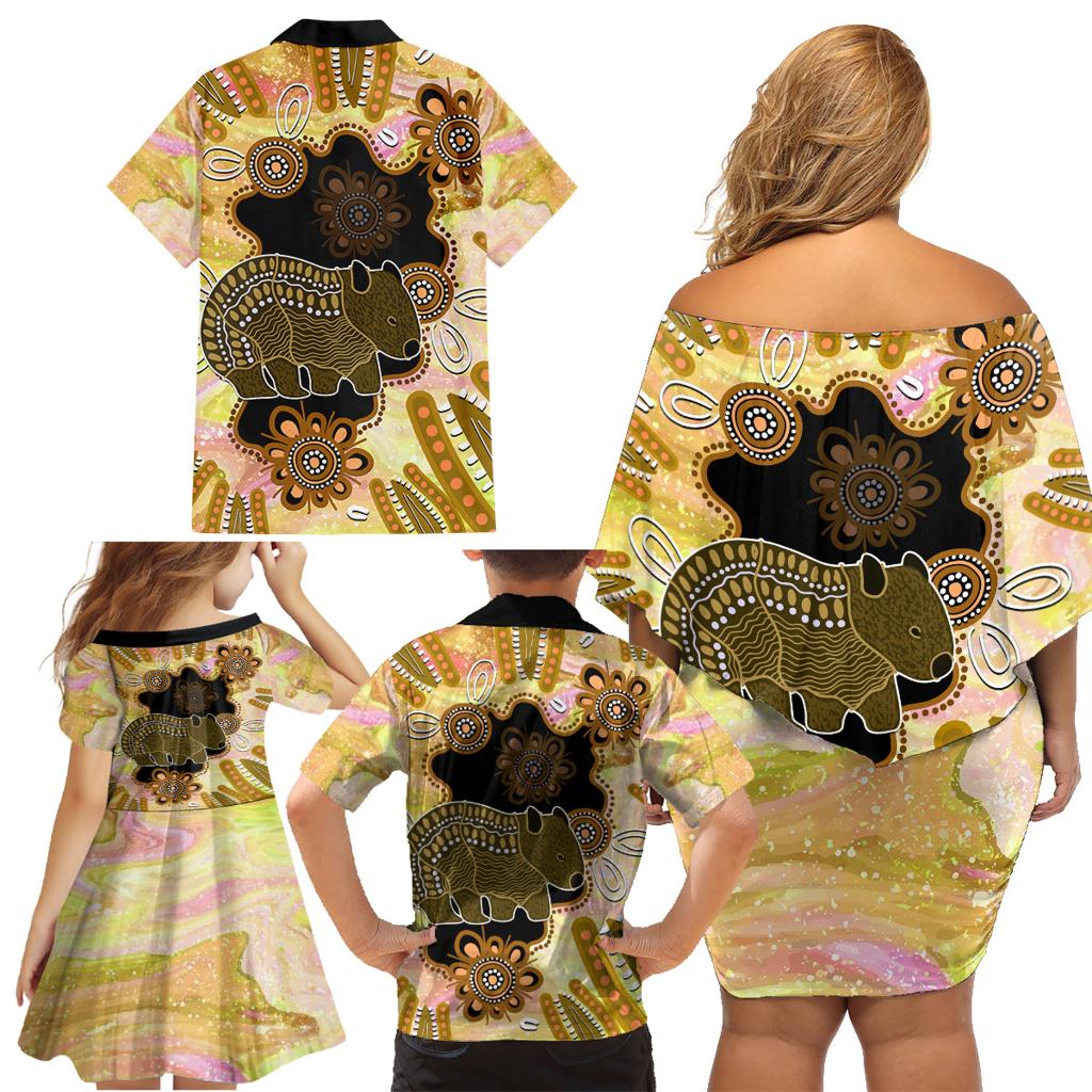 Australia Opal Wombat Family Matching Off Shoulder Short Dress and Hawaiian Shirt Aussie Aboriginal Art