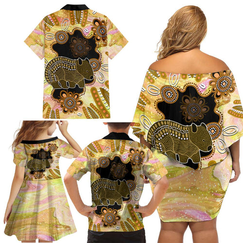 Australia Opal Wombat Family Matching Off Shoulder Short Dress and Hawaiian Shirt Aussie Aboriginal Art
