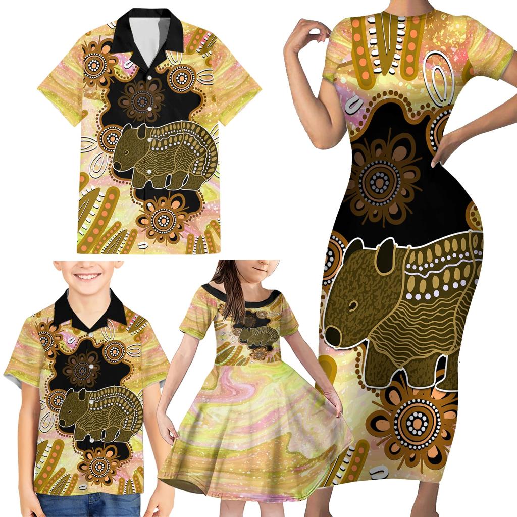 Australia Opal Wombat Family Matching Short Sleeve Bodycon Dress and Hawaiian Shirt Aussie Aboriginal Art