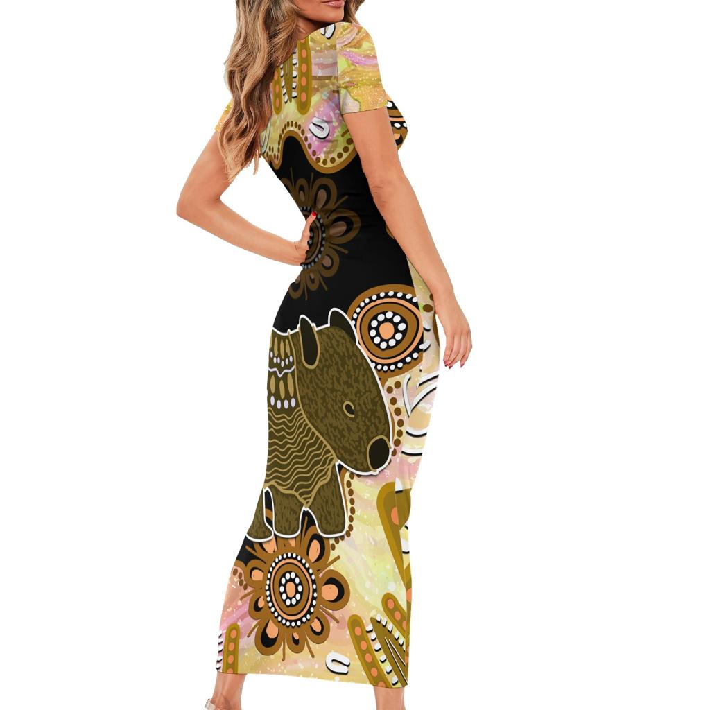 Australia Opal Wombat Family Matching Short Sleeve Bodycon Dress and Hawaiian Shirt Aussie Aboriginal Art