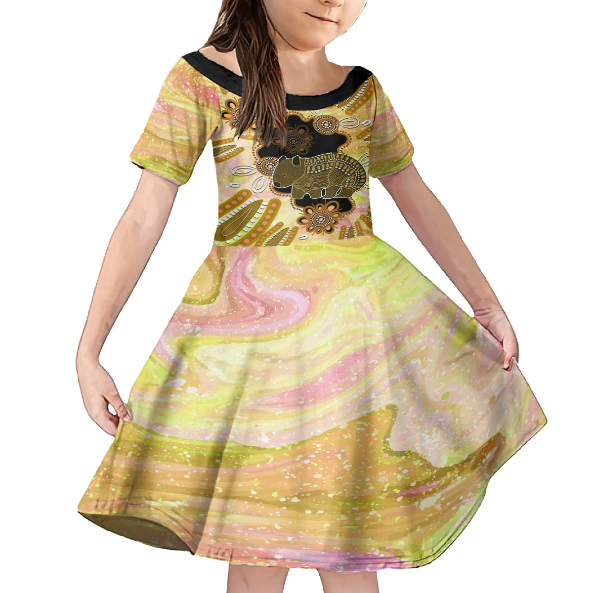 Australia Opal Wombat Kid Short Sleeve Dress Aussie Aboriginal Art