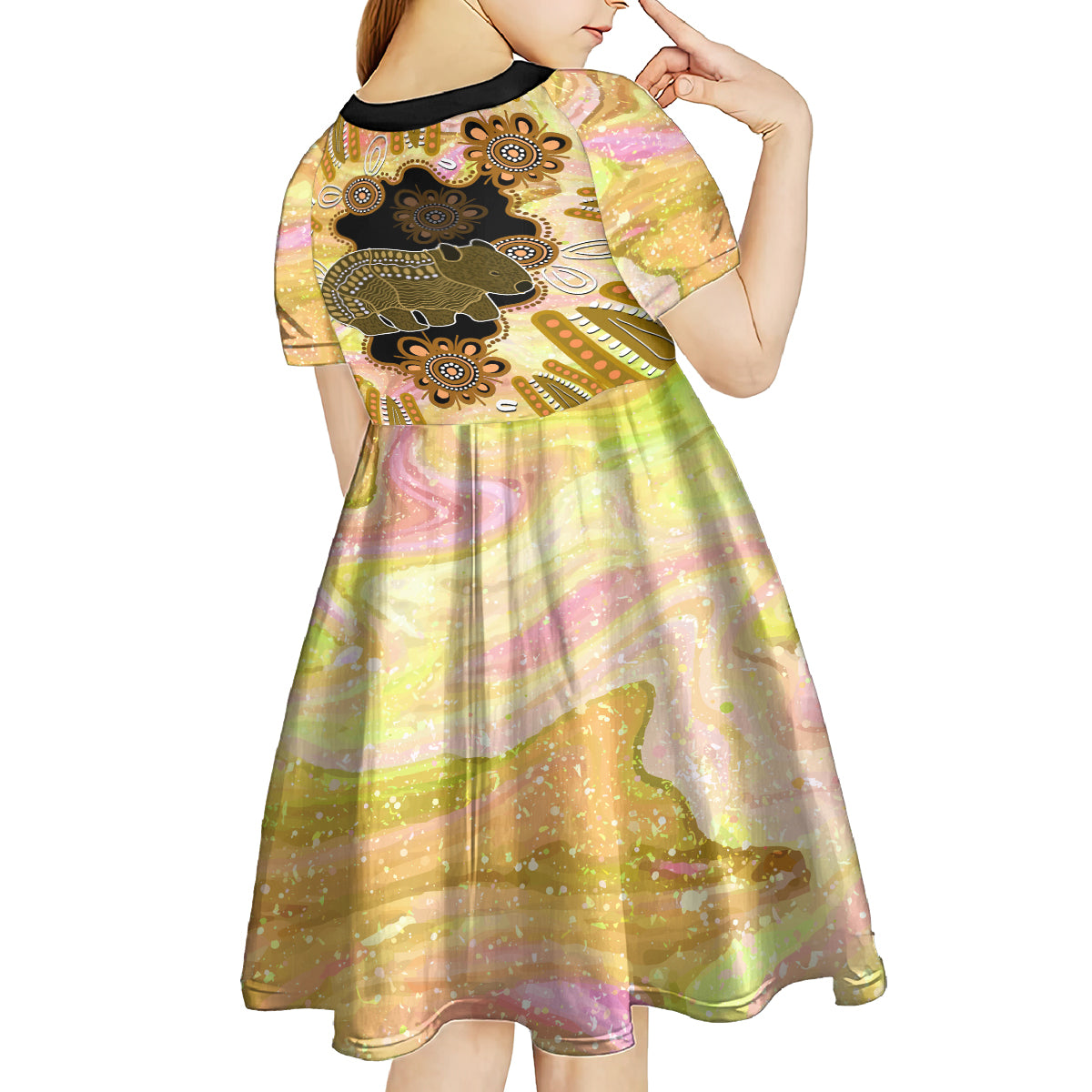Australia Opal Wombat Kid Short Sleeve Dress Aussie Aboriginal Art