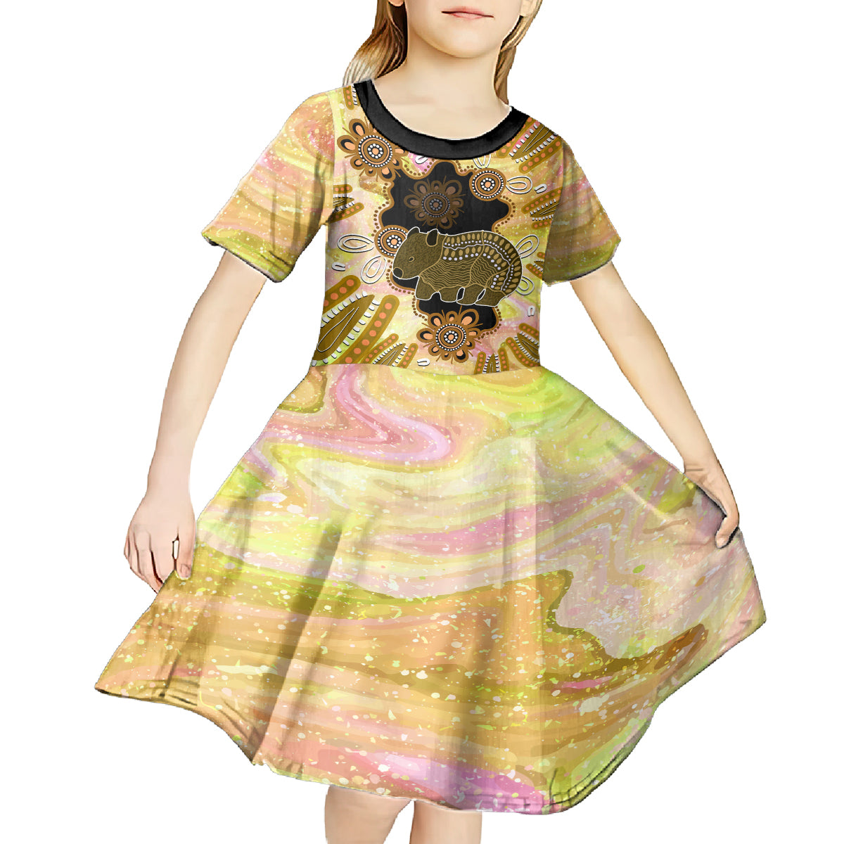 Australia Opal Wombat Kid Short Sleeve Dress Aussie Aboriginal Art