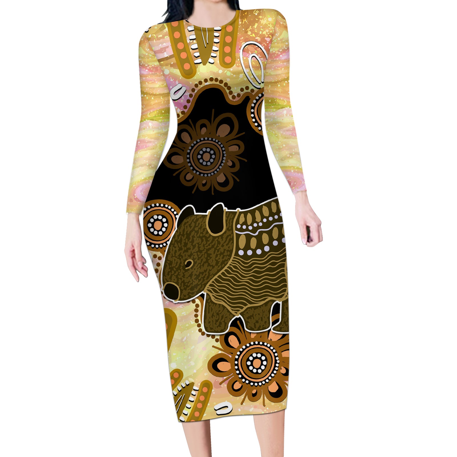 Australia Opal Wombat Long Sleeve Bodycon Dress Aussie Aboriginal Art