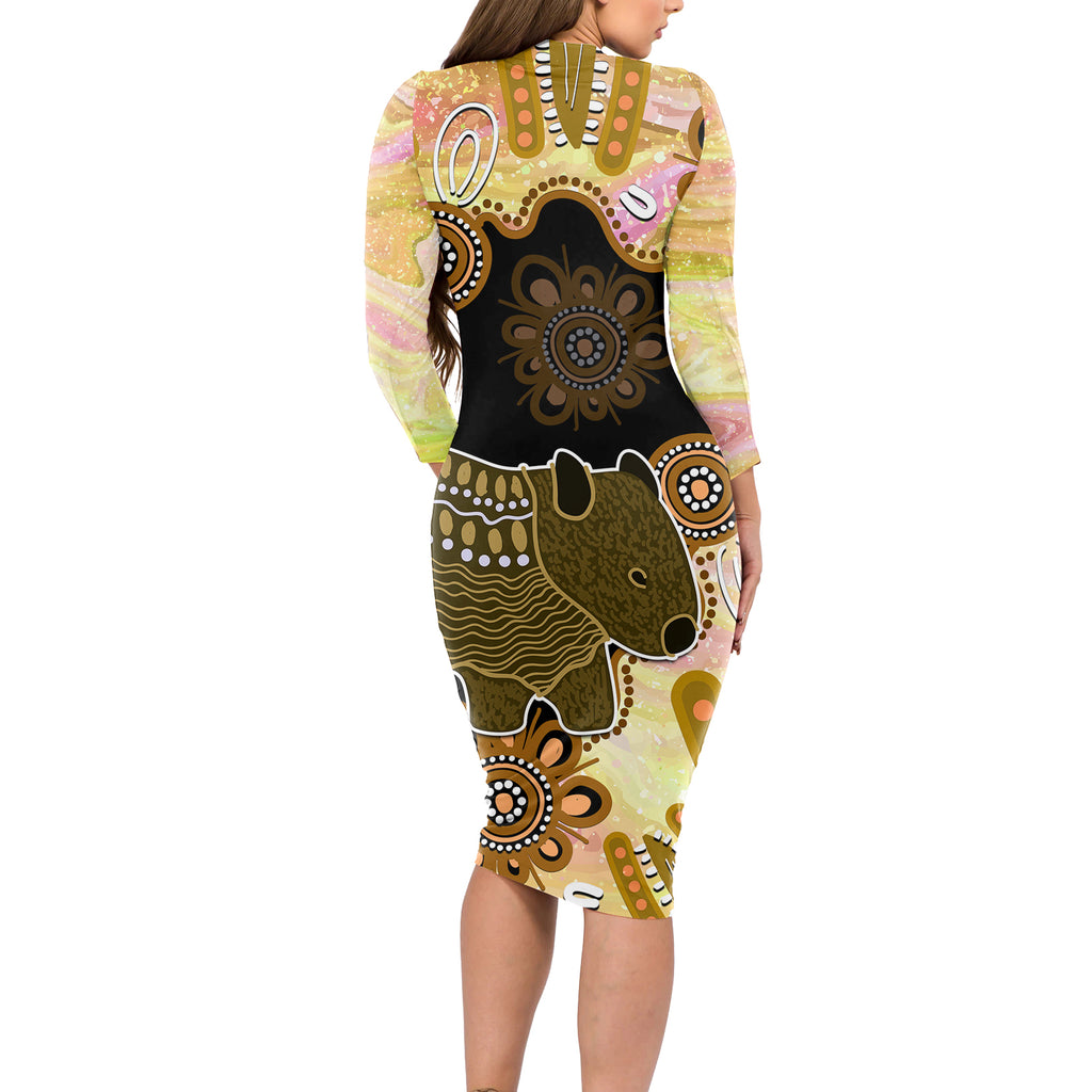 Australia Opal Wombat Long Sleeve Bodycon Dress Aussie Aboriginal Art