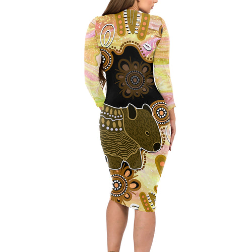Australia Opal Wombat Long Sleeve Bodycon Dress Aussie Aboriginal Art
