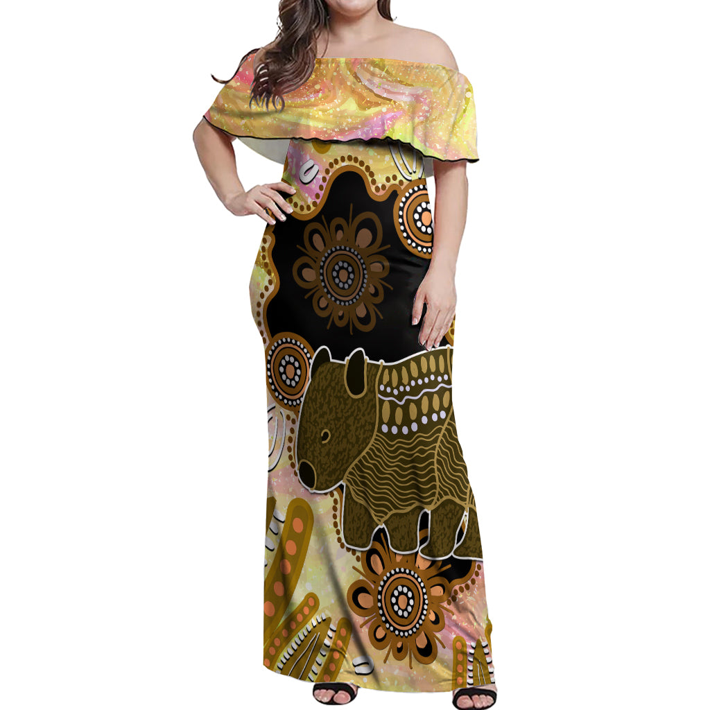 Australia Opal Wombat Off Shoulder Maxi Dress Aussie Aboriginal Art