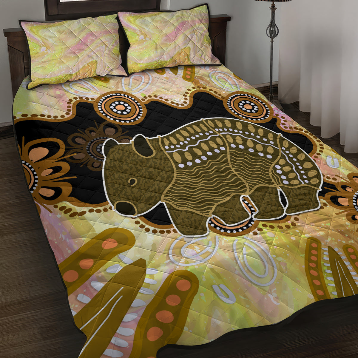Australia Opal Wombat Quilt Bed Set Aussie Aboriginal Art