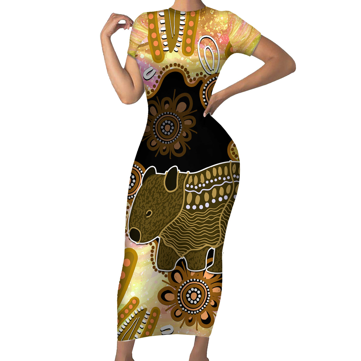 Australia Opal Wombat Short Sleeve Bodycon Dress Aussie Aboriginal Art
