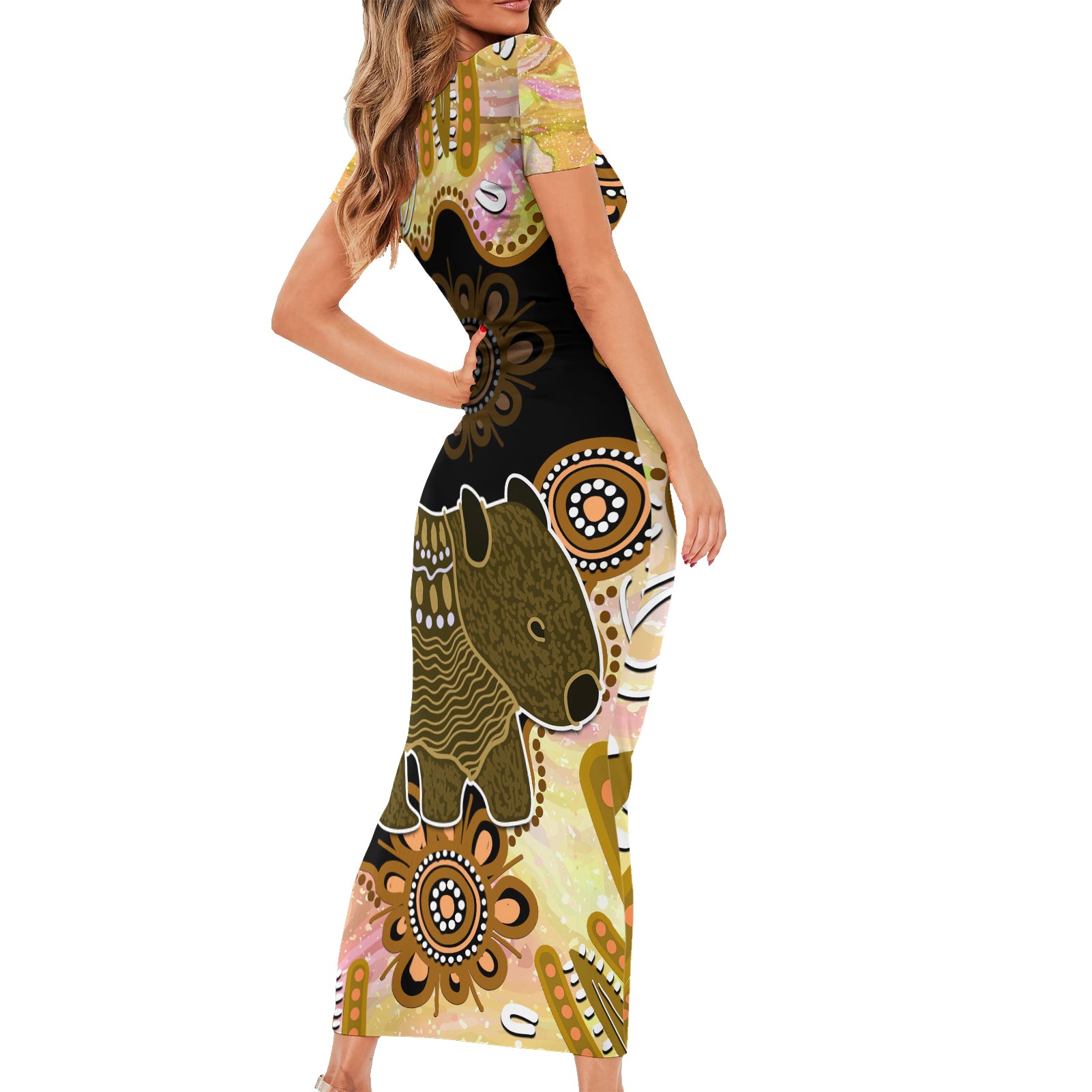 Australia Opal Wombat Short Sleeve Bodycon Dress Aussie Aboriginal Art