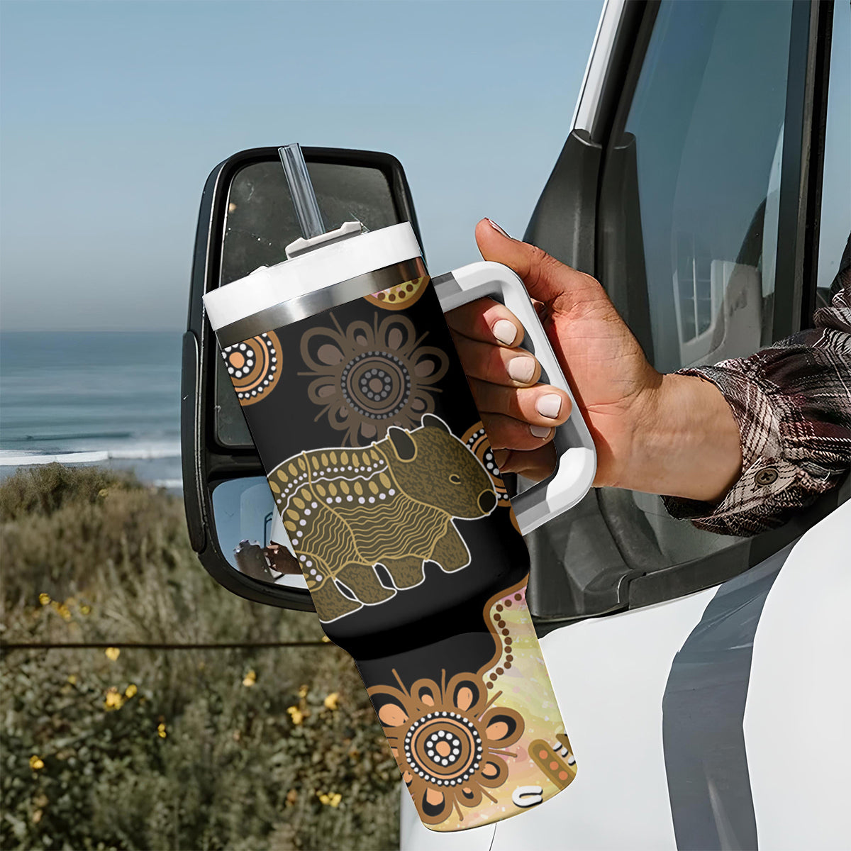 Australia Opal Wombat Tumbler With Handle Aussie Aboriginal Art