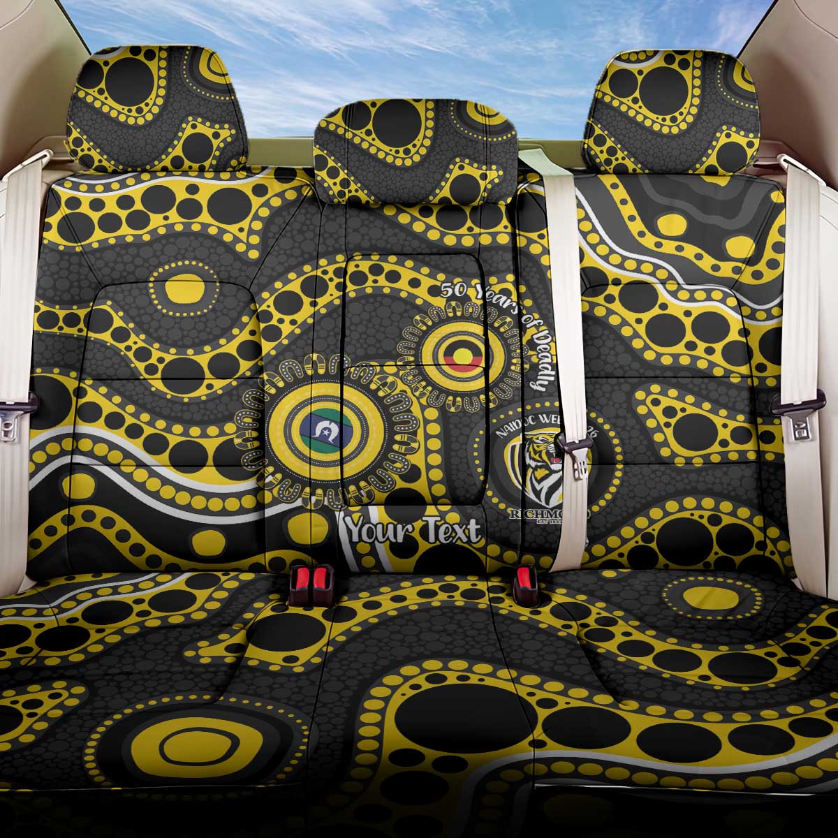 Richmond NAIDOC Week 2026 Personalised Back Car Seat Cover 50 Years of Deadly Aboriginal Art