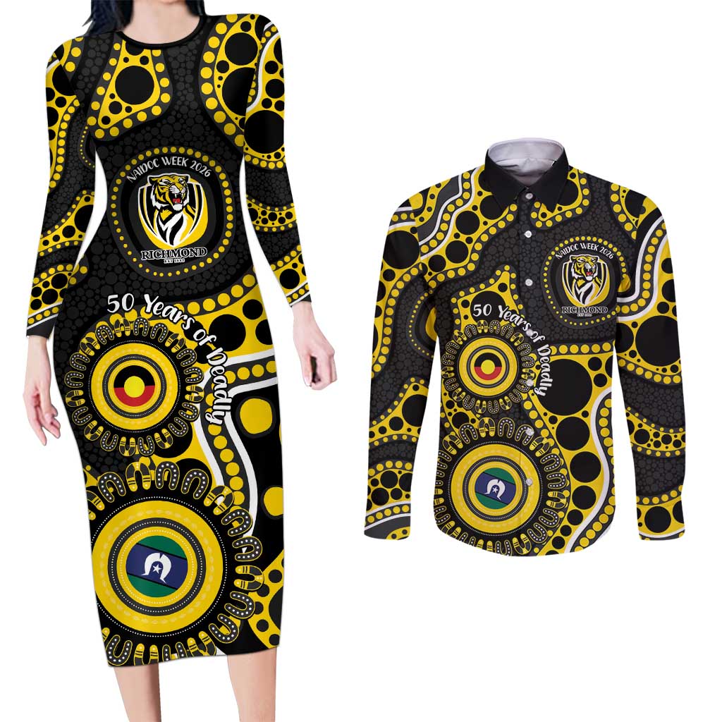 Richmond NAIDOC Week 2026 Personalised Couples Matching Long Sleeve Bodycon Dress and Long Sleeve Button Shirt 50 Years of Deadly Aboriginal Art