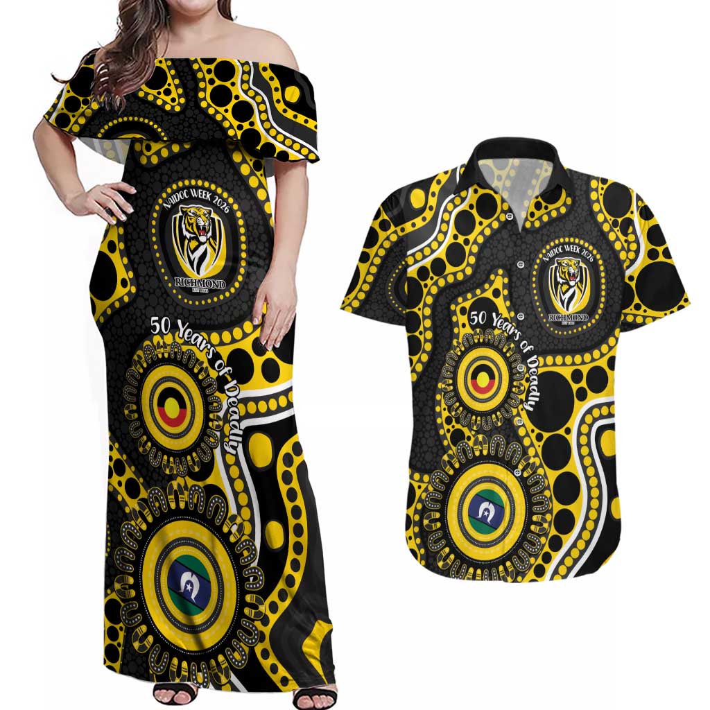 Richmond NAIDOC Week 2026 Personalised Couples Matching Off Shoulder Maxi Dress and Hawaiian Shirt 50 Years of Deadly Aboriginal Art