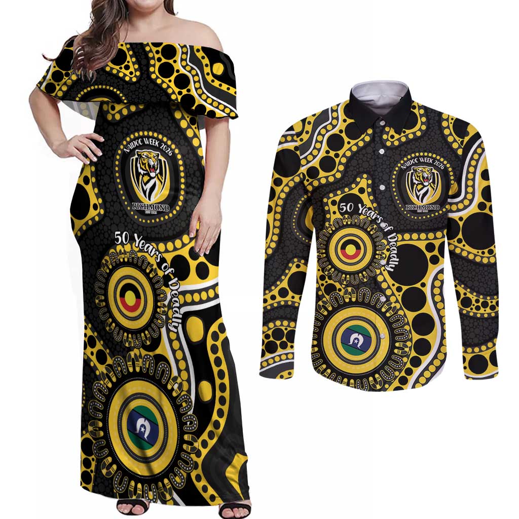 Richmond NAIDOC Week 2026 Personalised Couples Matching Off Shoulder Maxi Dress and Long Sleeve Button Shirt 50 Years of Deadly Aboriginal Art