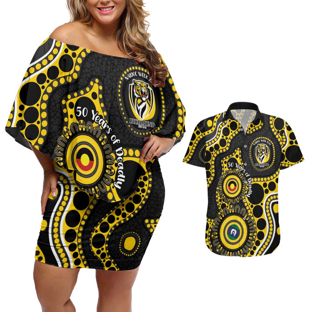 Richmond NAIDOC Week 2026 Personalised Couples Matching Off Shoulder Short Dress and Hawaiian Shirt 50 Years of Deadly Aboriginal Art