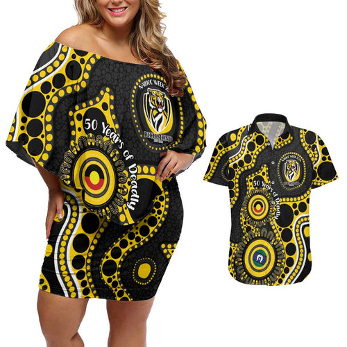 Richmond NAIDOC Week 2026 Personalised Couples Matching Off Shoulder Short Dress and Hawaiian Shirt 50 Years of Deadly Aboriginal Art