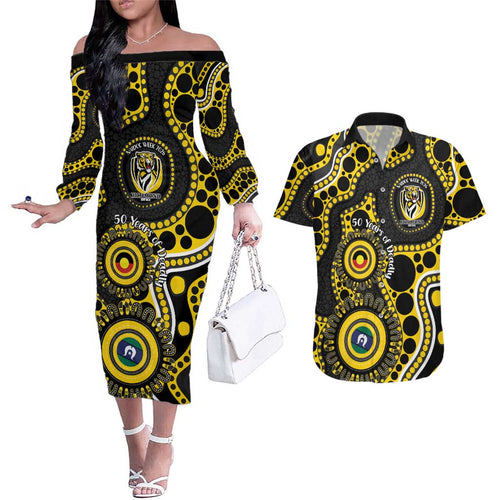 Richmond NAIDOC Week 2026 Personalised Couples Matching Off The Shoulder Long Sleeve Dress and Hawaiian Shirt 50 Years of Deadly Aboriginal Art