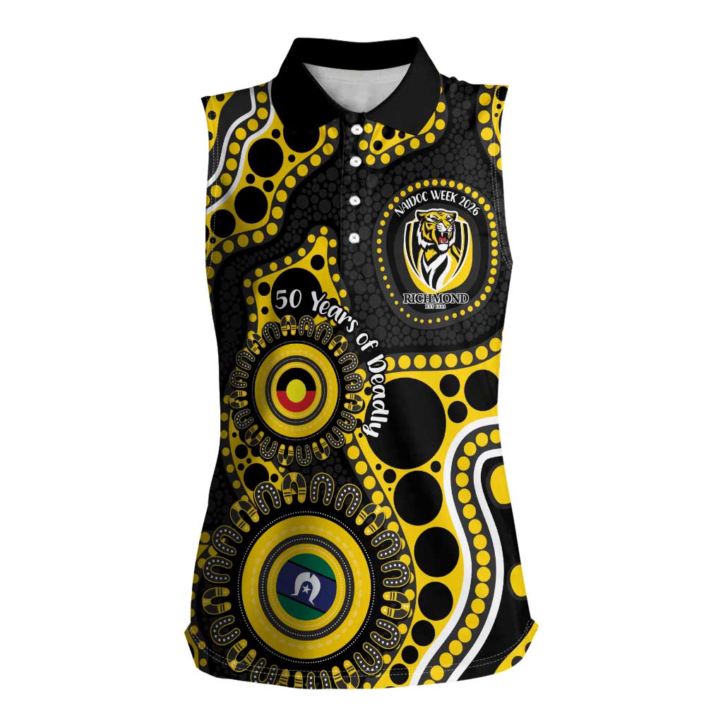 Richmond NAIDOC Week 2026 Personalised Women Sleeveless Polo Shirt 50 Years of Deadly Aboriginal Art