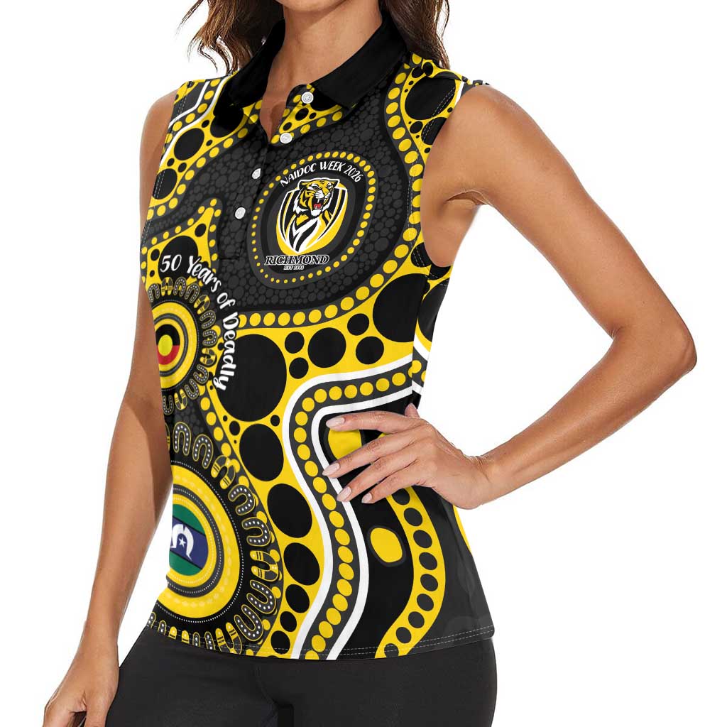 Richmond NAIDOC Week 2026 Personalised Women Sleeveless Polo Shirt 50 Years of Deadly Aboriginal Art