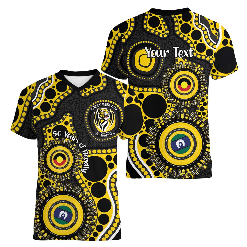 Richmond NAIDOC Week 2026 Personalised Women V-Neck T-Shirt 50 Years of Deadly Aboriginal Art