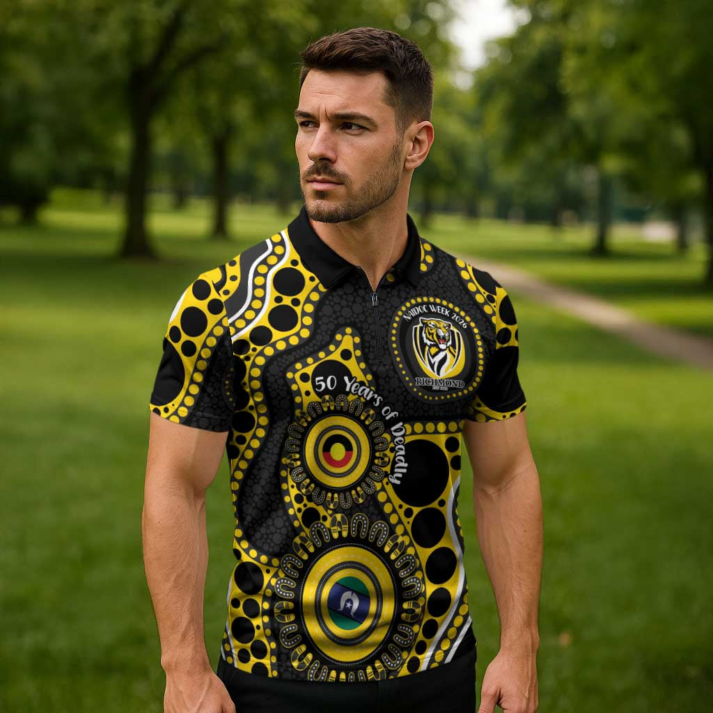 Richmond NAIDOC Week 2026 Personalised Zipper Polo Shirt 50 Years of Deadly Aboriginal Art