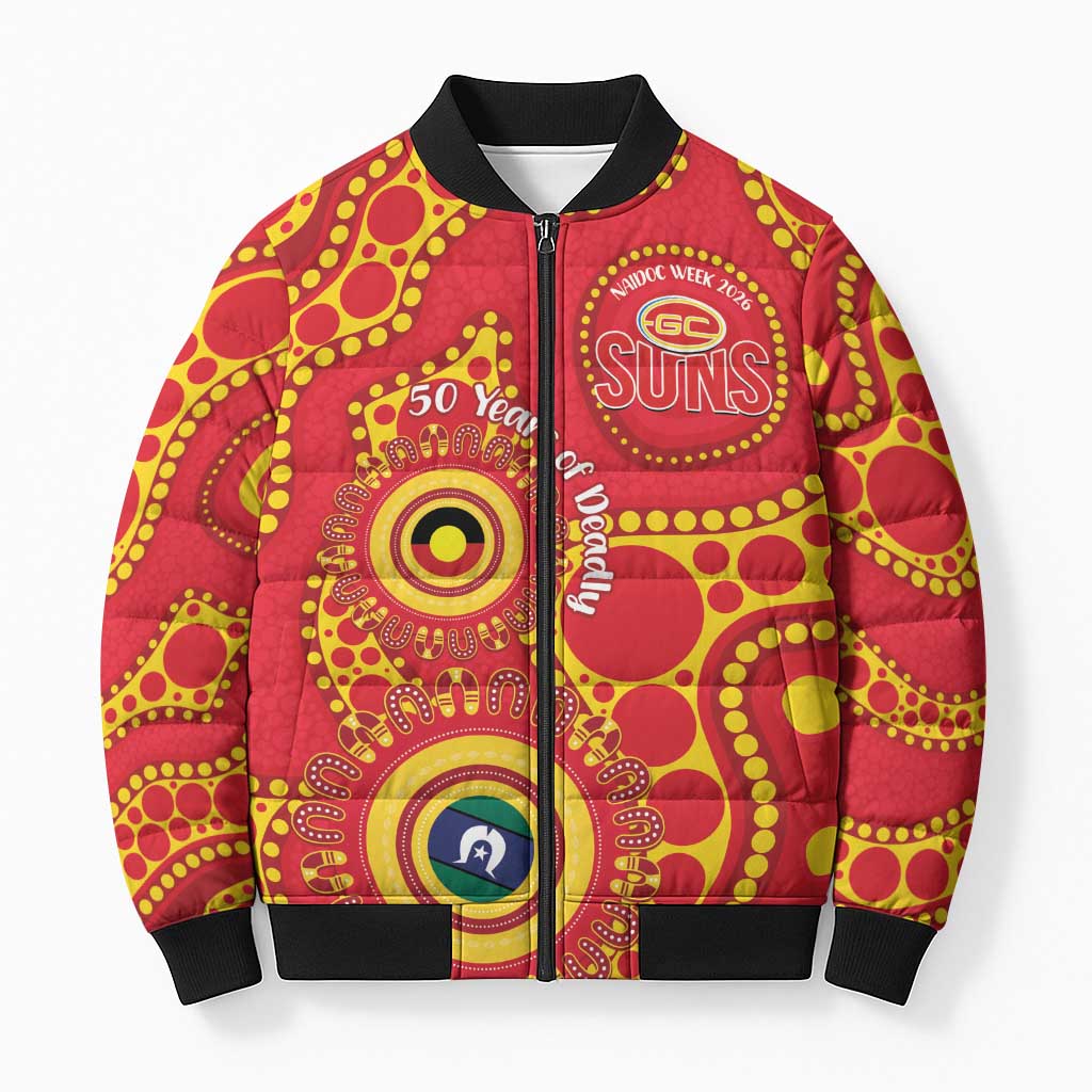 Suns NAIDOC Week 2026 Personalised Bomber Puffer Jacket 50 Years of Deadly Aboriginal Art