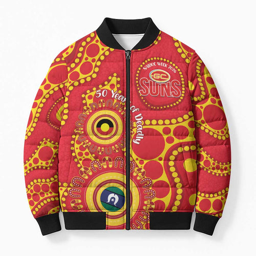 Suns NAIDOC Week 2026 Personalised Bomber Puffer Jacket 50 Years of Deadly Aboriginal Art