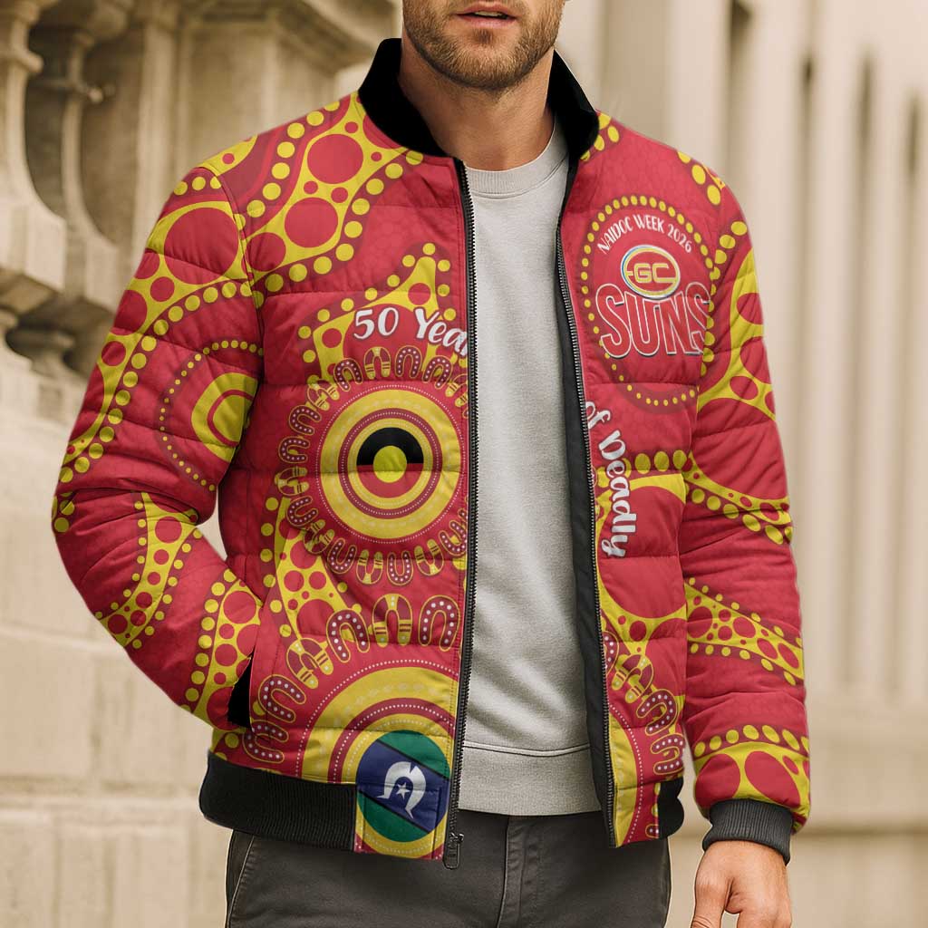 Suns NAIDOC Week 2026 Personalised Bomber Puffer Jacket 50 Years of Deadly Aboriginal Art