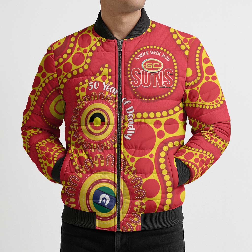 Suns NAIDOC Week 2026 Personalised Bomber Puffer Jacket 50 Years of Deadly Aboriginal Art