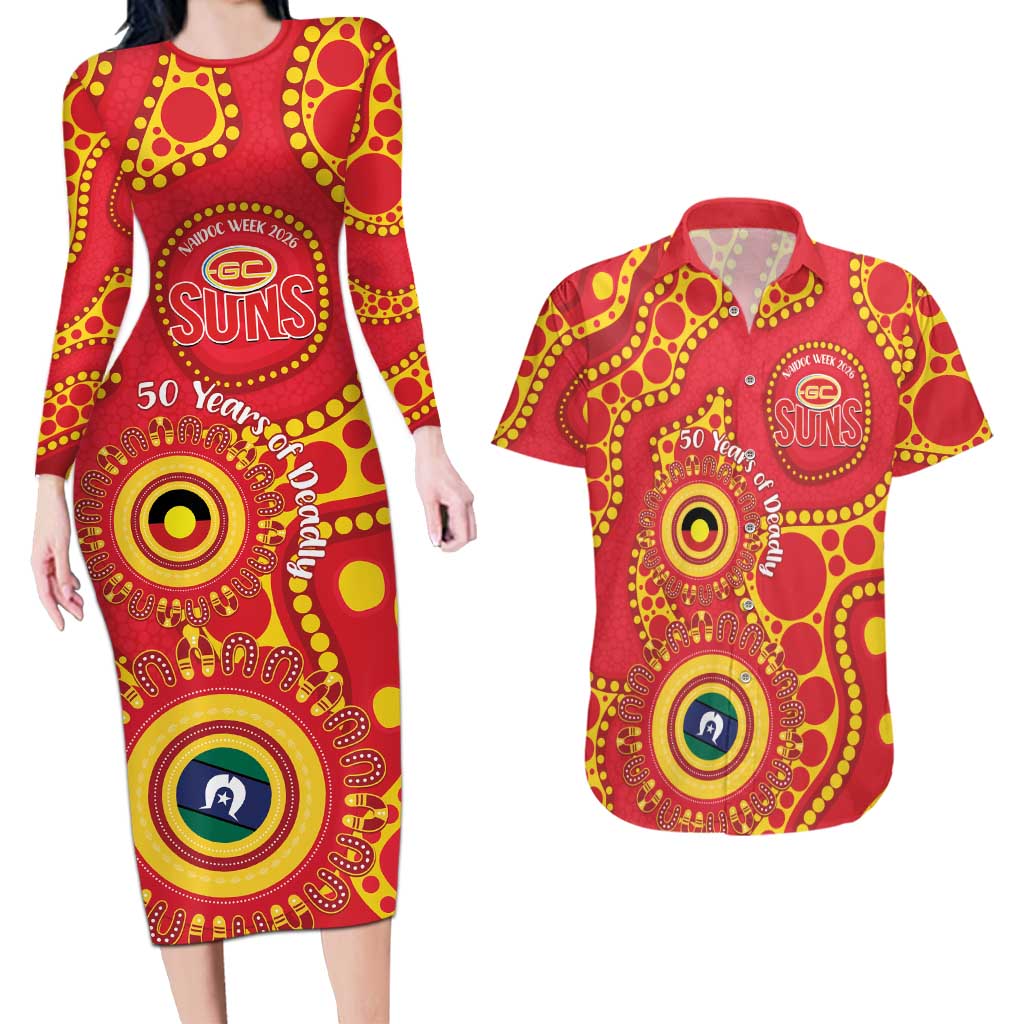 Suns NAIDOC Week 2026 Personalised Couples Matching Long Sleeve Bodycon Dress and Hawaiian Shirt 50 Years of Deadly Aboriginal Art