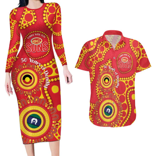 Suns NAIDOC Week 2026 Personalised Couples Matching Long Sleeve Bodycon Dress and Hawaiian Shirt 50 Years of Deadly Aboriginal Art