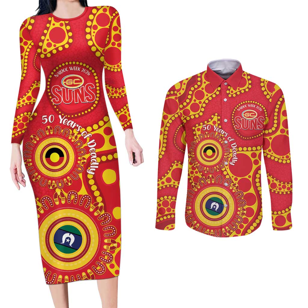 Suns NAIDOC Week 2026 Personalised Couples Matching Long Sleeve Bodycon Dress and Long Sleeve Button Shirt 50 Years of Deadly Aboriginal Art