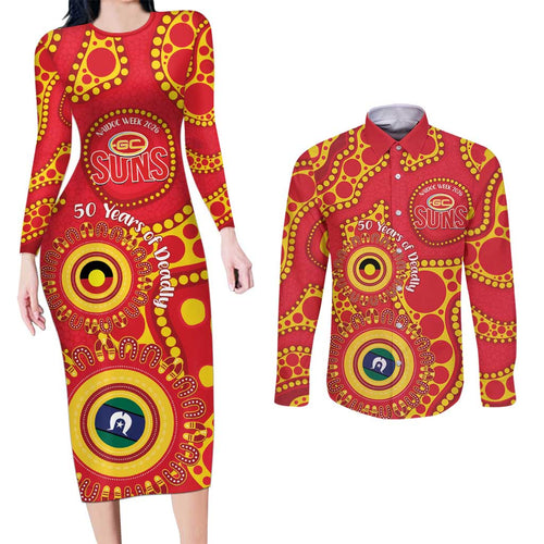 Suns NAIDOC Week 2026 Personalised Couples Matching Long Sleeve Bodycon Dress and Long Sleeve Button Shirt 50 Years of Deadly Aboriginal Art