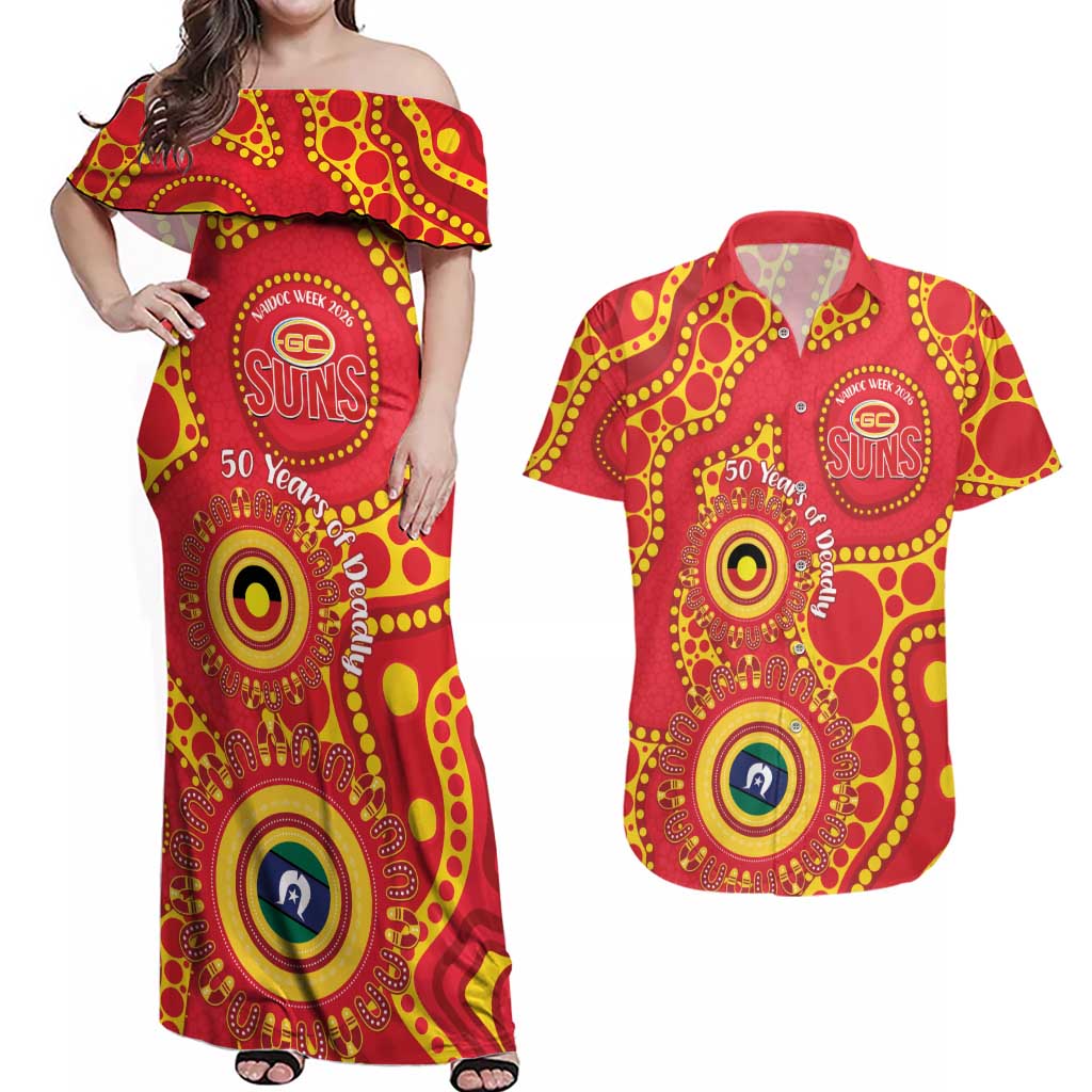 Suns NAIDOC Week 2026 Personalised Couples Matching Off Shoulder Maxi Dress and Hawaiian Shirt 50 Years of Deadly Aboriginal Art