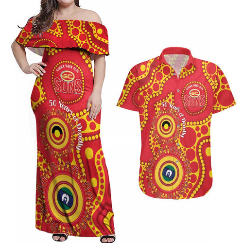 Suns NAIDOC Week 2026 Personalised Couples Matching Off Shoulder Maxi Dress and Hawaiian Shirt 50 Years of Deadly Aboriginal Art