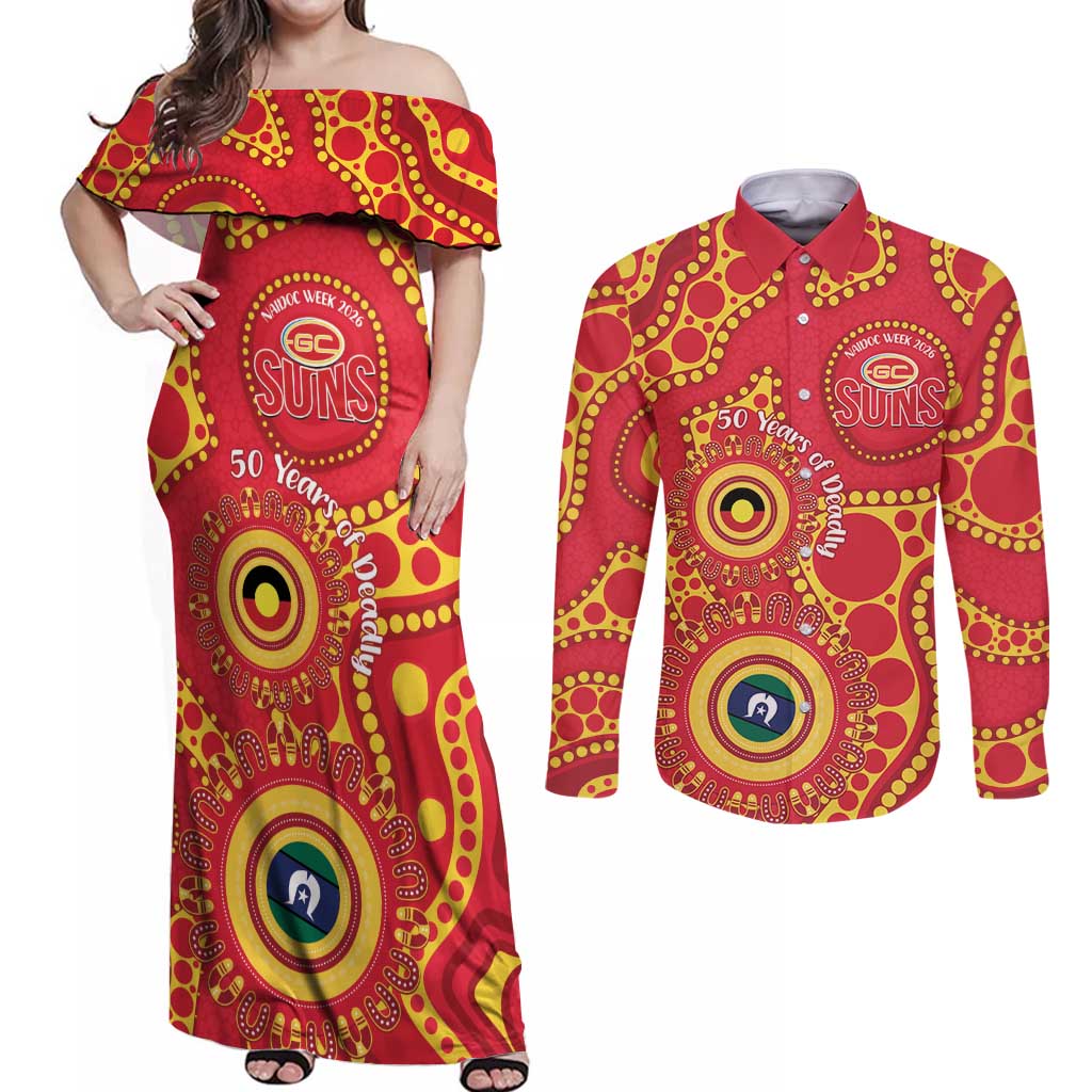 Suns NAIDOC Week 2026 Personalised Couples Matching Off Shoulder Maxi Dress and Long Sleeve Button Shirt 50 Years of Deadly Aboriginal Art