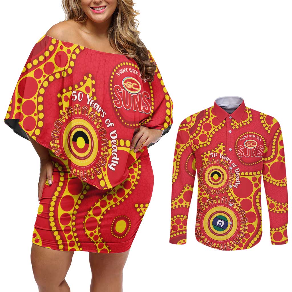 Suns NAIDOC Week 2026 Personalised Couples Matching Off Shoulder Short Dress and Long Sleeve Button Shirt 50 Years of Deadly Aboriginal Art