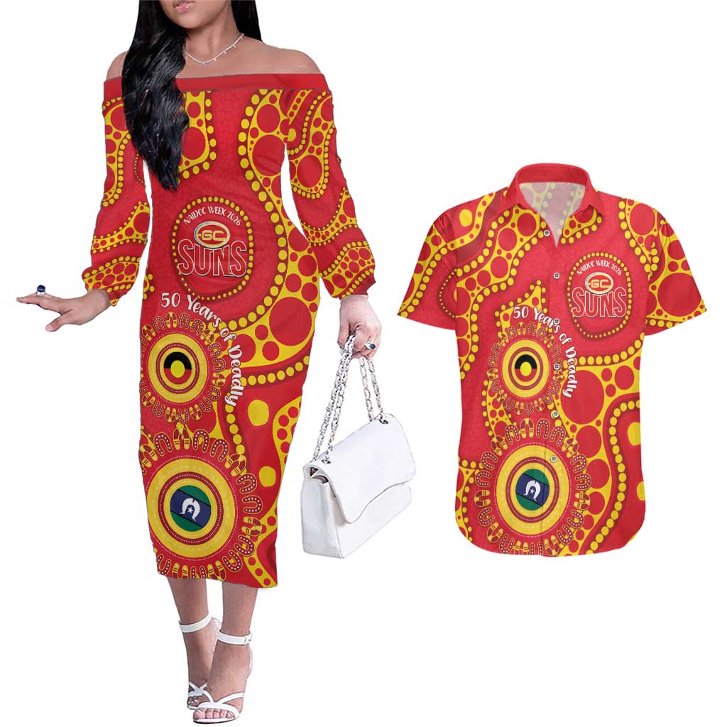 Suns NAIDOC Week 2026 Personalised Couples Matching Off The Shoulder Long Sleeve Dress and Hawaiian Shirt 50 Years of Deadly Aboriginal Art