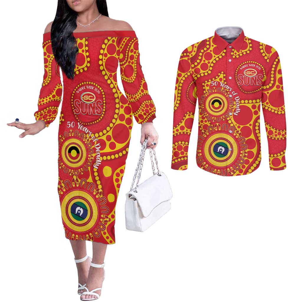 Suns NAIDOC Week 2026 Personalised Couples Matching Off The Shoulder Long Sleeve Dress and Long Sleeve Button Shirt 50 Years of Deadly Aboriginal Art